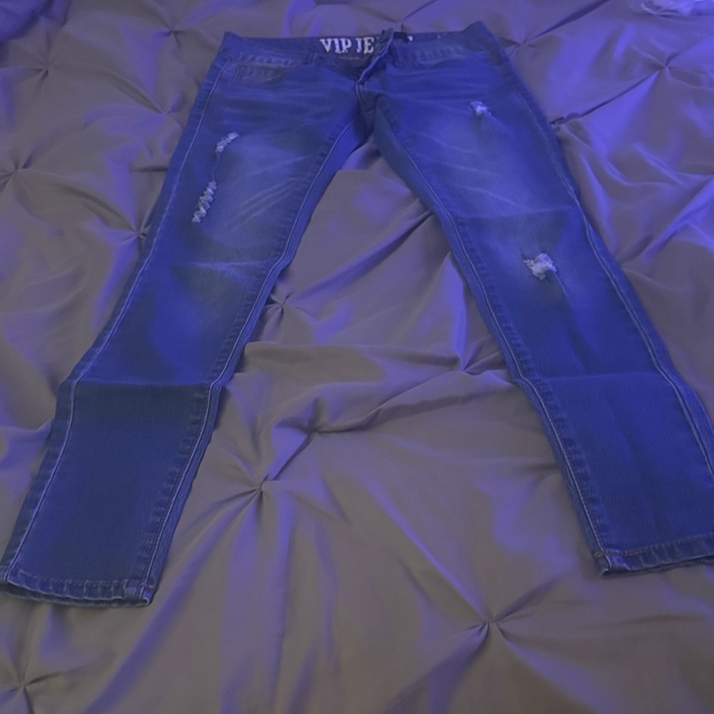 VIP Blue Denim Jeans with Distressed Style